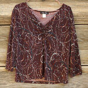 'Only Nine' VINTAGE brown orange blue sequins paisley print v neck top